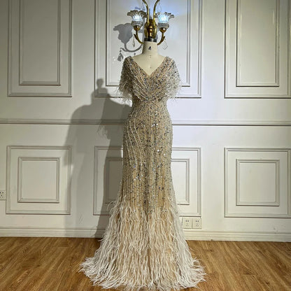 Luxury White Nude Beaded Feather Mermaid Evening DressLA72837 - SERENE HILL