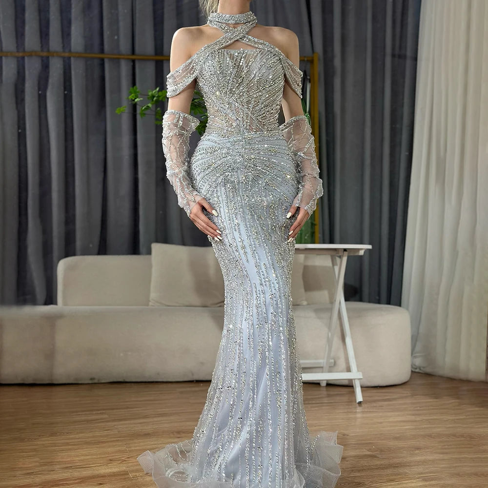 Serene Hill 2025 Arabic Gray Decorative Halter Mermaid Luxury Dubai Evening Gown Beaded Dress for Women&