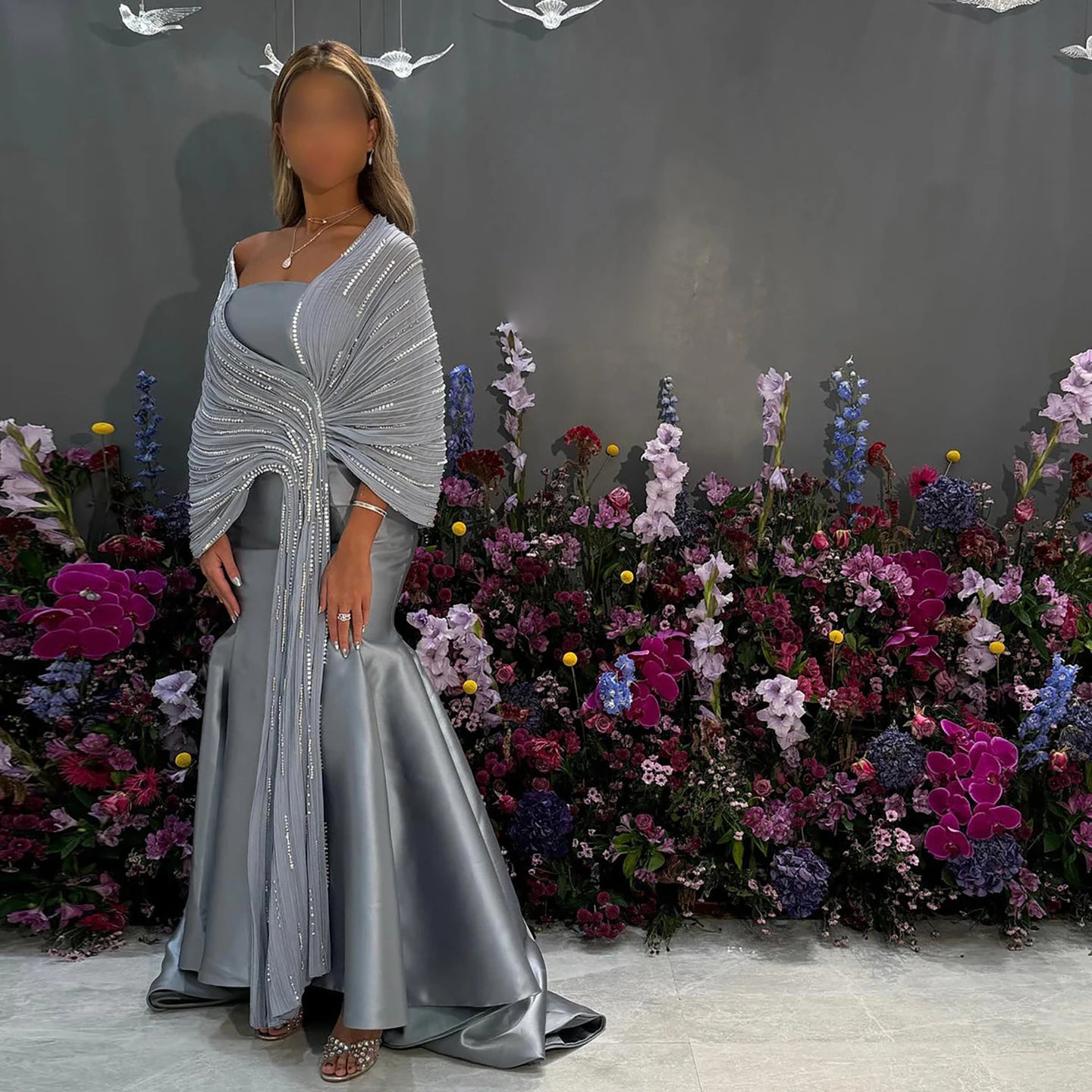 Luxury Dubai Grey Peach Arabic Evening Gown with Ruffles Shawl LA73270 Grey / 10