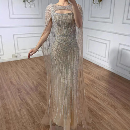 Luxury Blue Diamond Evening Dress With Cape LA73426 - SERENE HILL