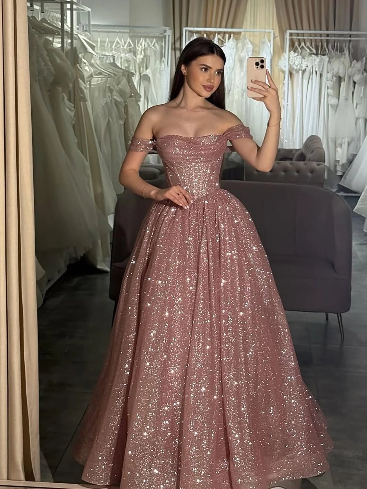 Luxury Pink Sequin Off Shoulder Evening Dress Ball Gown LA73456 Blue / 14