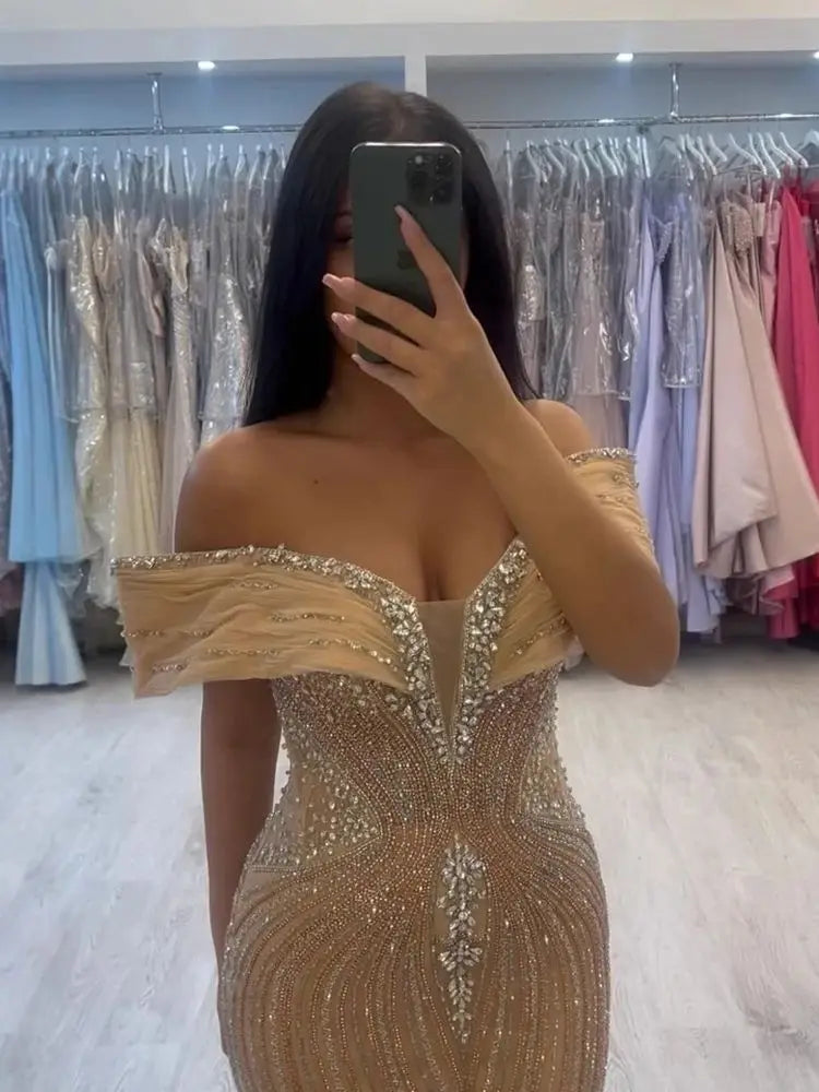 Luxury Saudi Arabic Gold Luxury Crystal Beaded Mermaid Evening Dress LA73142A - SERENE HILL