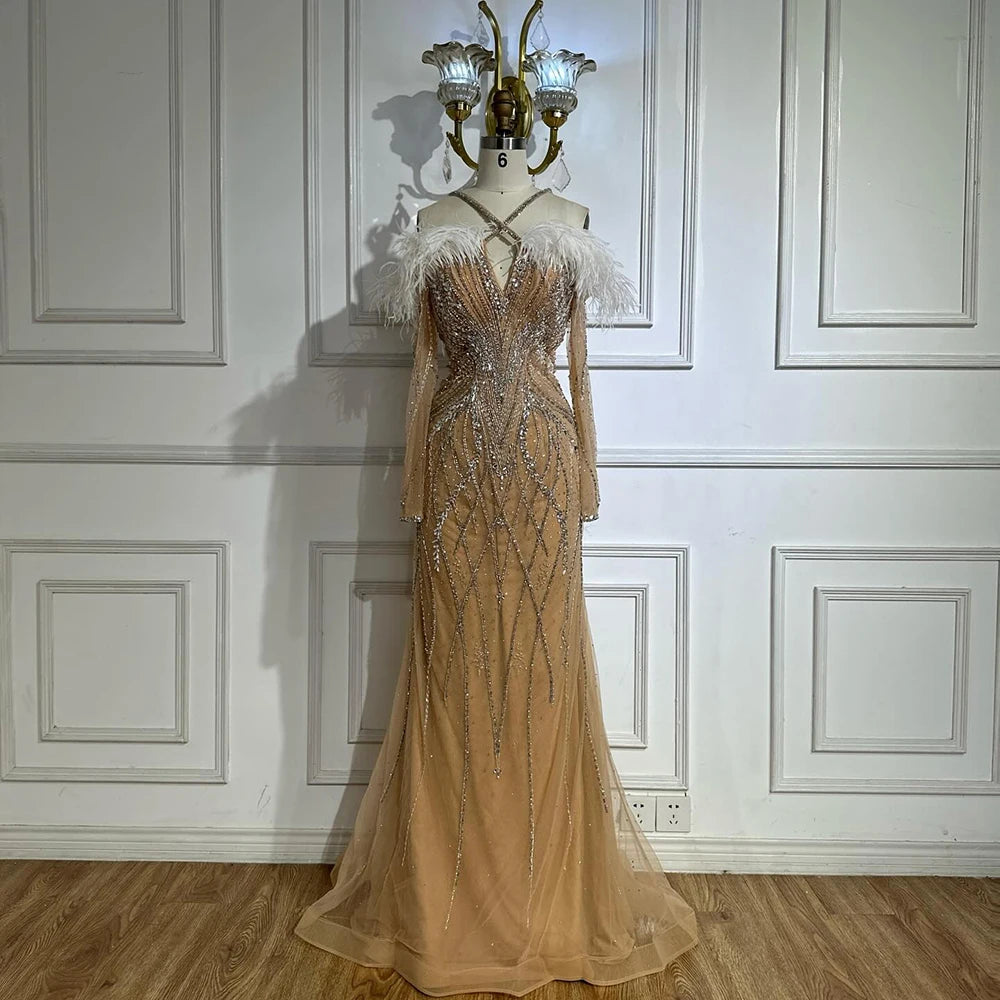 Luxury Dubai Blue Feather Beaded Luxury Mermaid Evening Dresses Gowns for Women Formal Occasion LA72836 - SERENE HILL