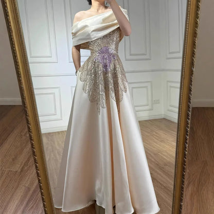 Luxury Pink Satin A-Line Beaded Evening Dress LA72195A - SERENE HILL