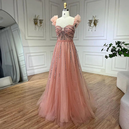 Serene Hill Arabic Elegant Peach Beaded A-Line Evening Gown 2025 Boat Neck Luxury Dress for Women Long Party Dress LA72324 - SERENE HILL