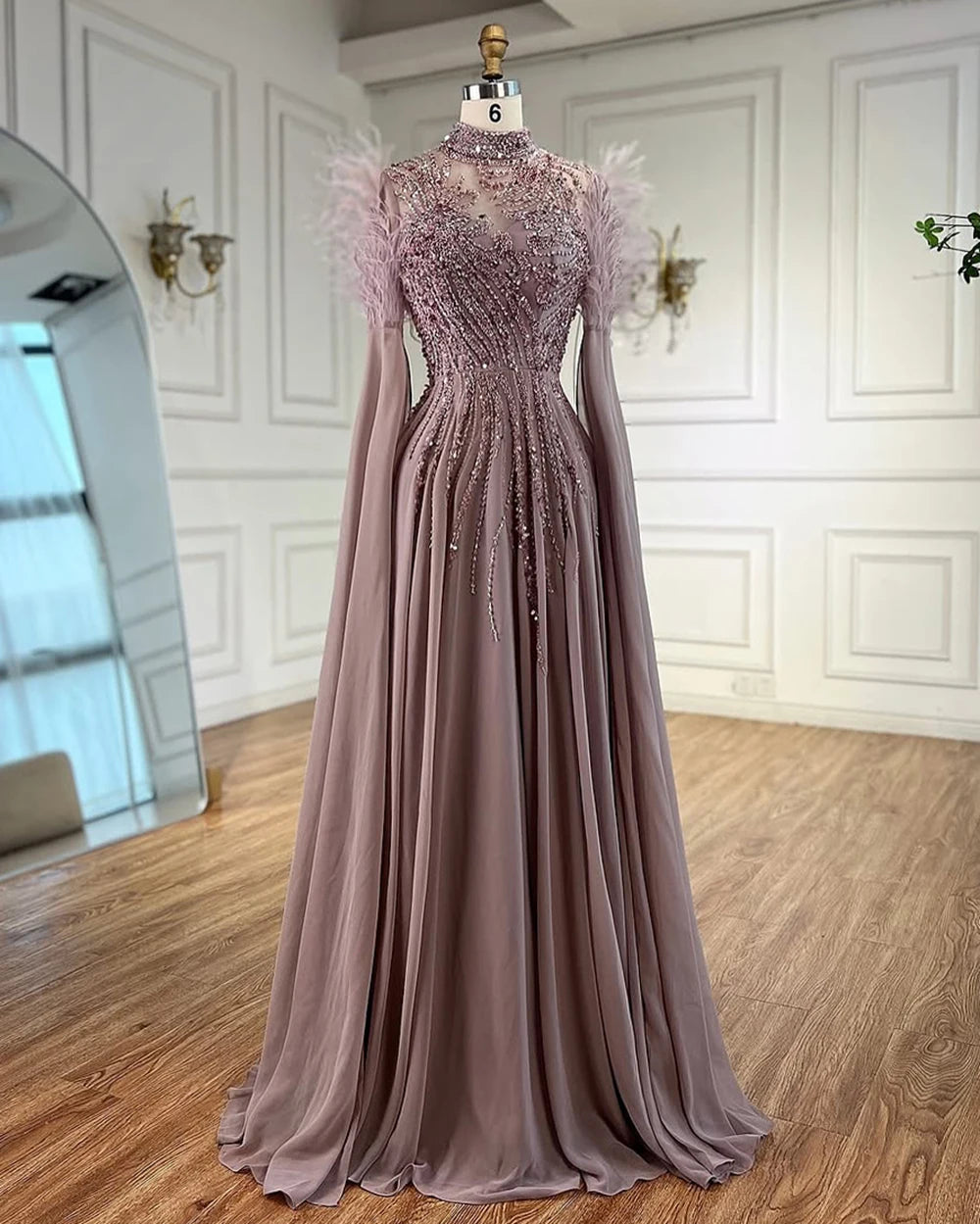Luxury Pink Feather Beaded Evening Dress with Long Cape Sleeves LA72982 - SERENE HILL