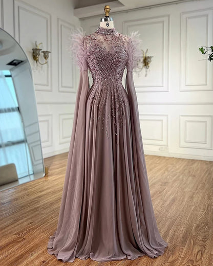 Luxury Pink Feather Beaded Evening Dress with Long Cape Sleeves LA72982 - SERENE HILL