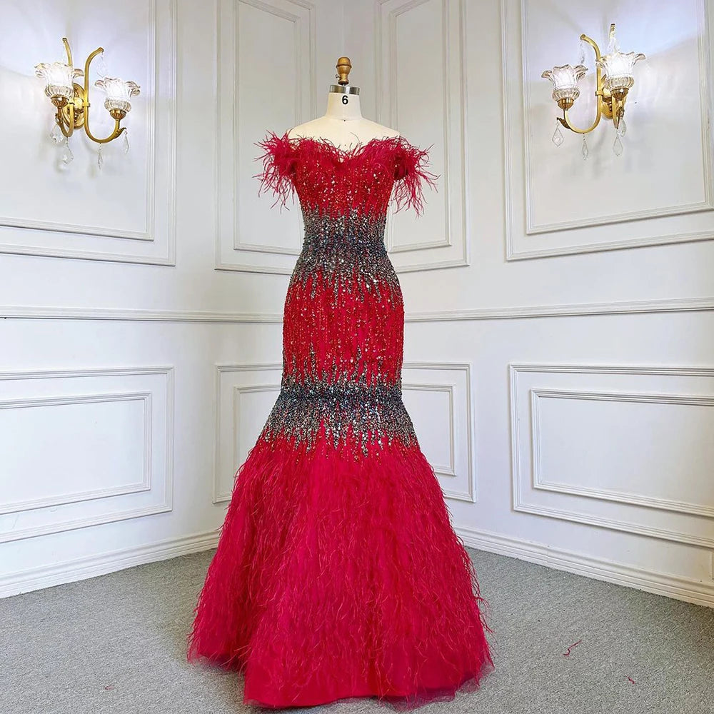 Dubai Pink Sexy Mermaid Evening Dresses Design Luxury Crystal Feathers Sleeveless Formal Gowns 2025 Serene Hill LA70242 - SERENE HILL