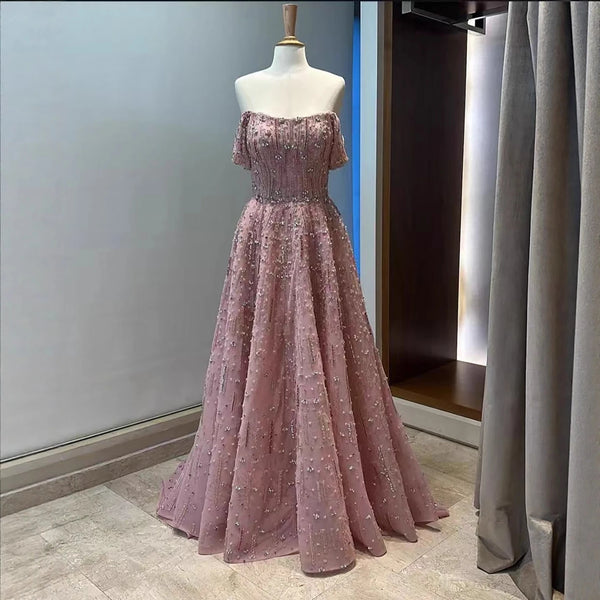 Luxury Arabic Pink Off Shoulder Beaded A-Line Evening Dress LA73326