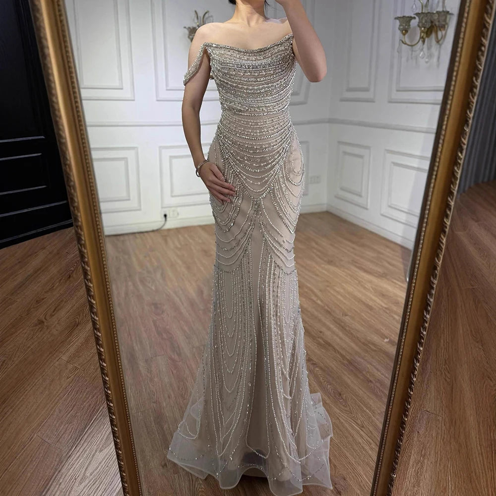 Luxury Crystal Silver Gray Pearl Beaded Evening Dress LA72253 - SERENE HILL