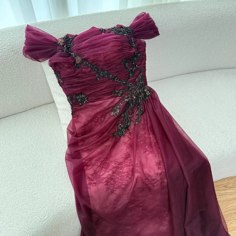 Elegant Wine Red Off Shoulder Lace Evening Dress with Appliques LA73010 - SERENE HILL