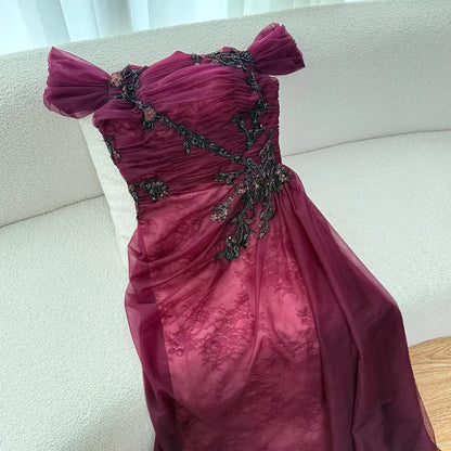 Elegant Wine Red Off Shoulder Lace Evening Dress with Appliques LA73010 - SERENE HILL