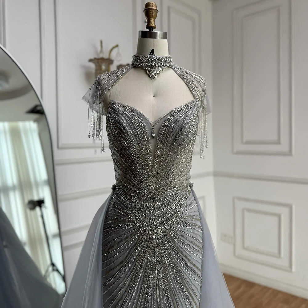 Luxury Nude Beaded Mermaid Evening Dress with Overskirt LA73182 - SERENE HILL