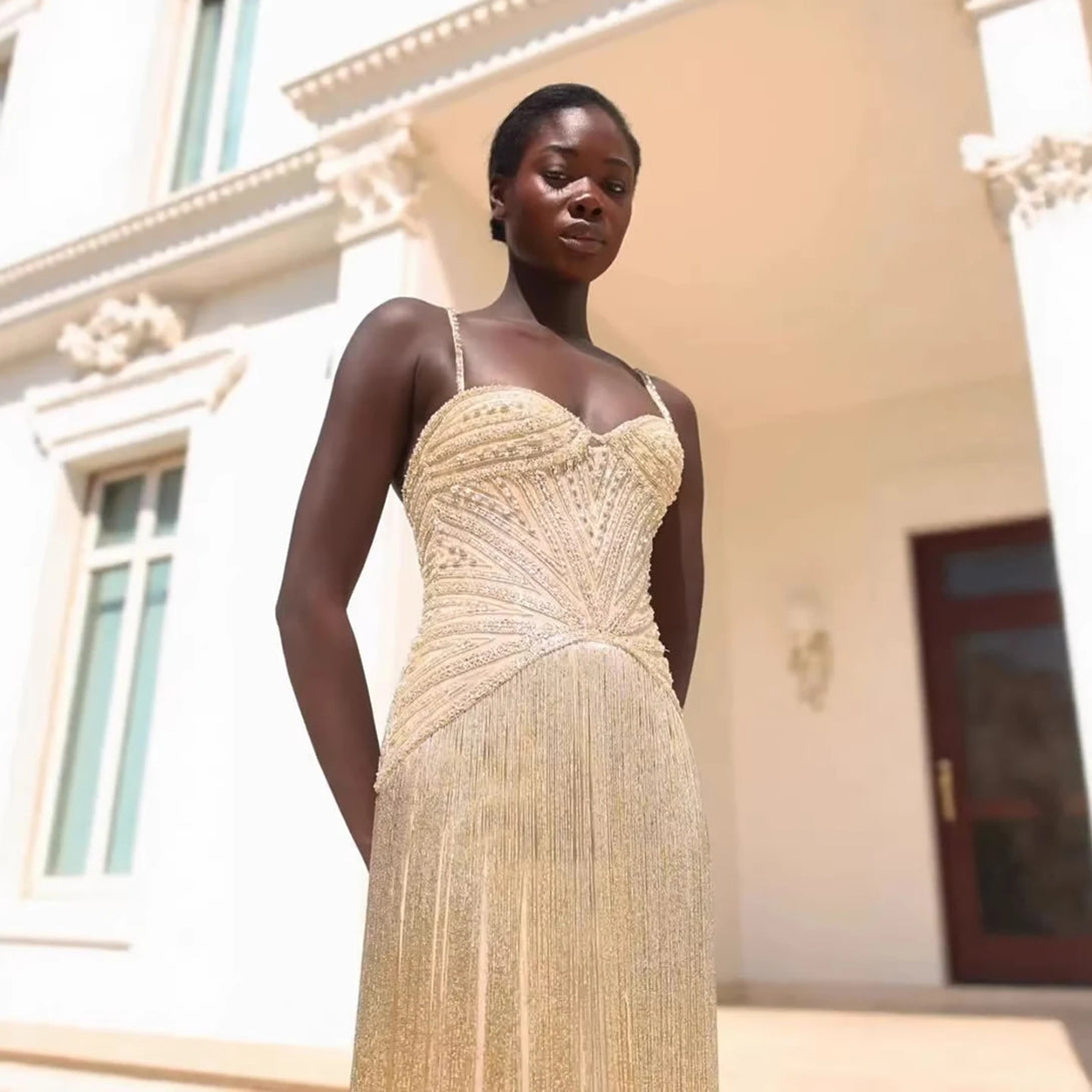 Luxury Arabic Gold Mermaid Beaded Tassel Evening Dress LA73446 Gold / 6