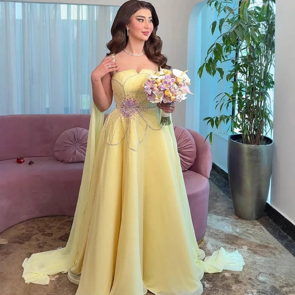 Luxury Yellow A Line Evening Dress with Cape LA73045