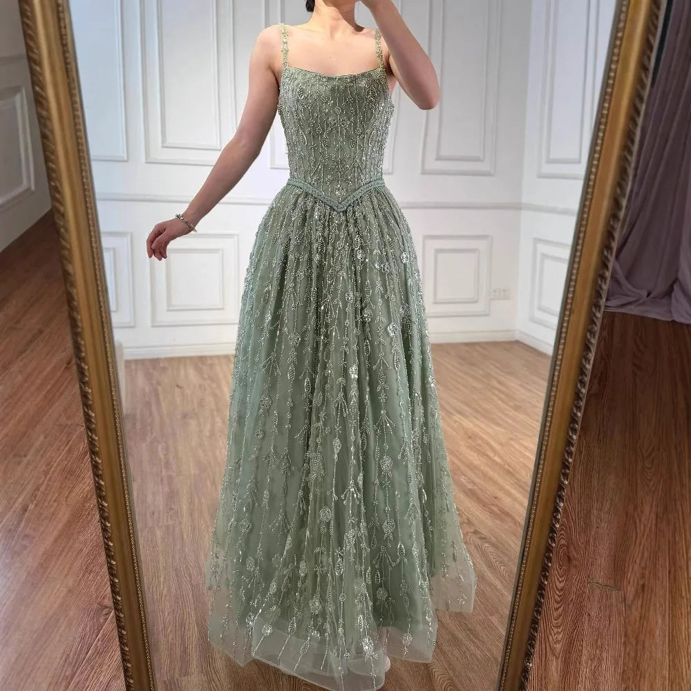 Luxury Sage Green Beaded A-Line Spaghetti Strap Evening Dress LA72805 - SERENE HILL