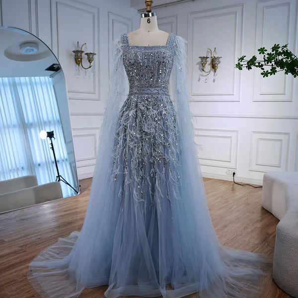 Elegant Blue Beaded Feather A-Line Evening Dress With Cape LA73043
