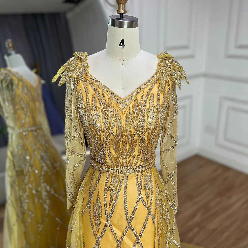 Serene Hill Muslim Gold Mermaid With Overskirt Beaded Luxury Dubai Evening Dresses Gowns 2025 For Women Wedding Party LA72211 - SERENE HILL
