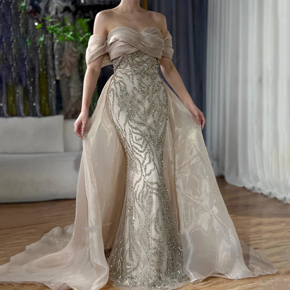 Luxury Dubai Arabic White Beaded Mermaid Elegant With Overskirt Luxury Dubai Evening Dresses Gowns for Women's Party LA72398 White / 4