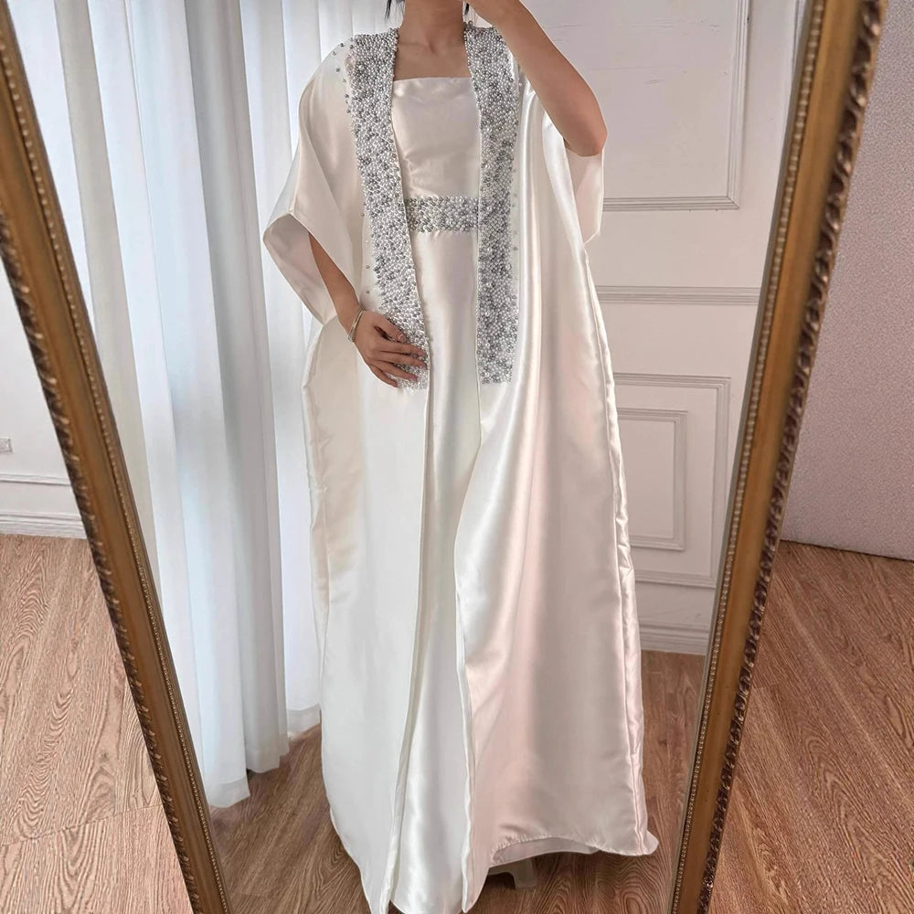 Luxury Dubai White Satin Mermaid Evening Dress with Long Cape LA72825 - SERENE HILL