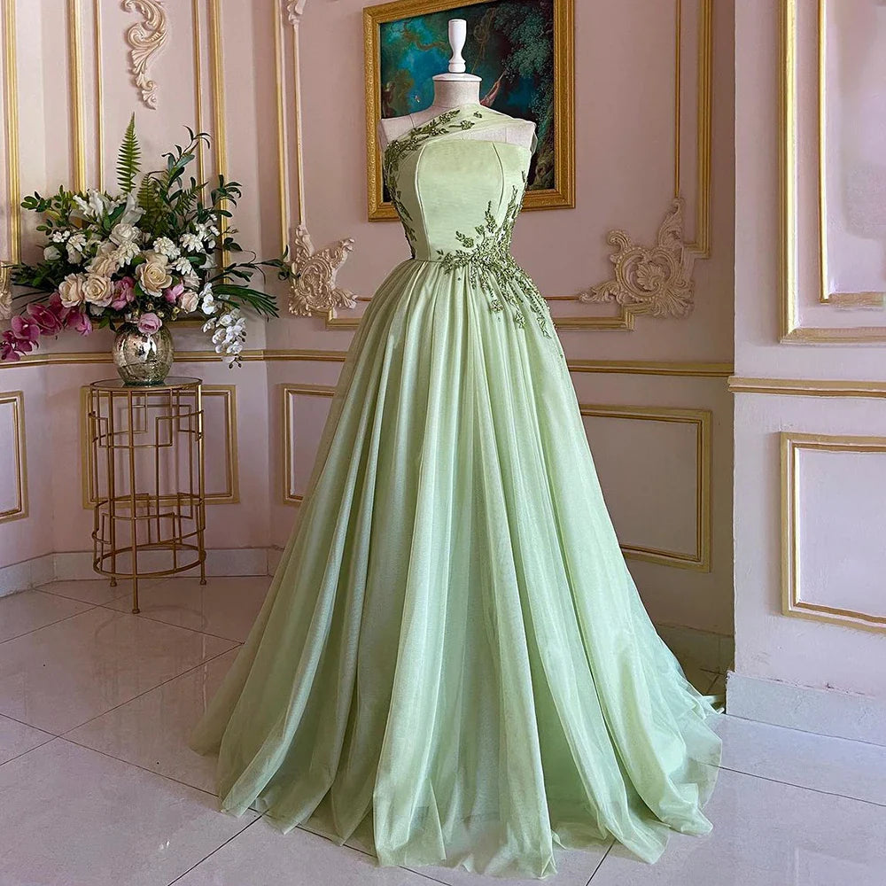 Luxury Dubai Sage Green Elegant One-Shoulder A-Line Appliques Long Arabic Evening Gown for Formal Occasion LA72783 - SERENE HILL