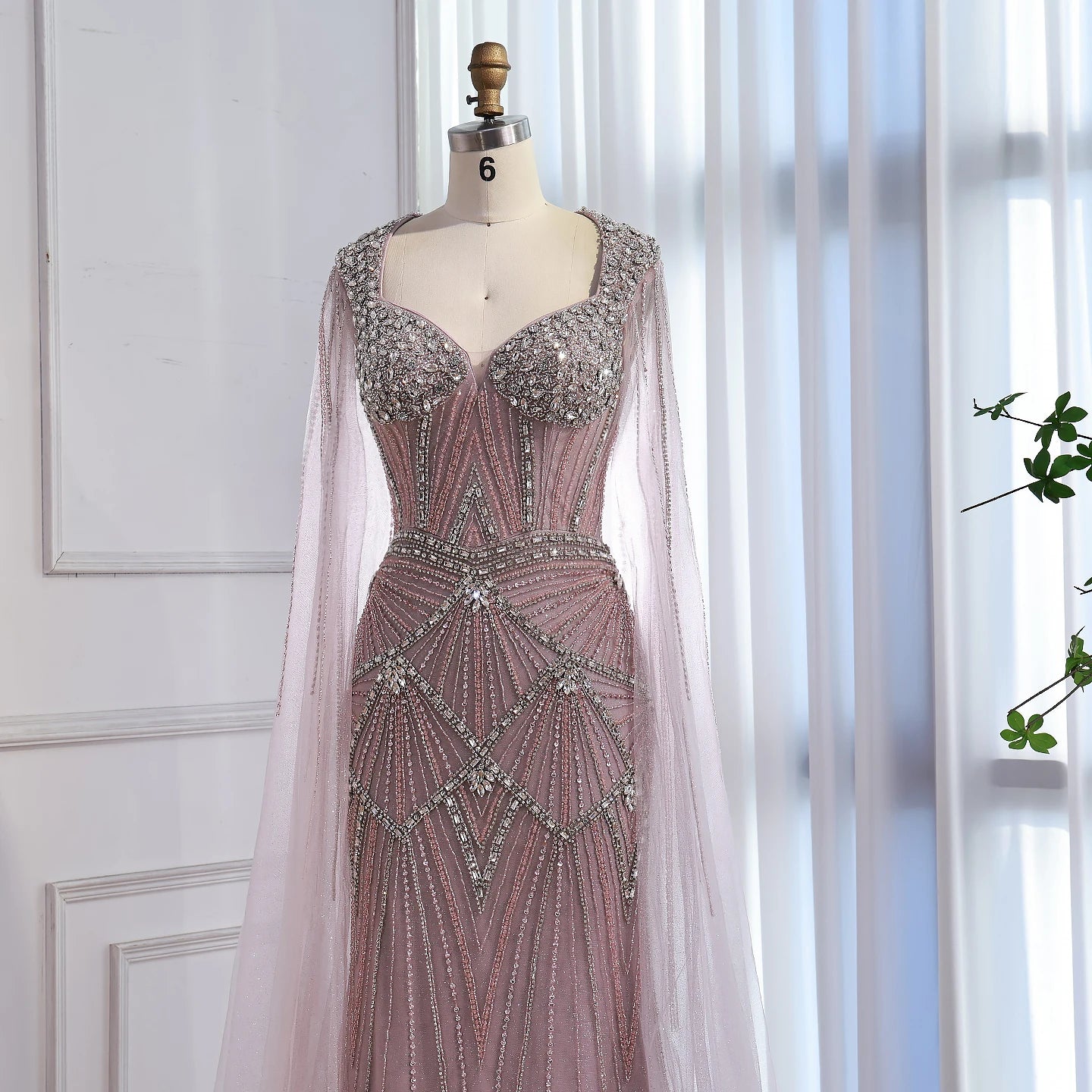 Luxury Dubai Pink Beaded Evening Dress With Cape LA73329 - SERENE HILL