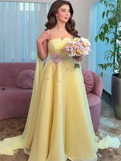 Luxury Yellow A Line Evening Dress with Cape LA73045 - SERENE HILL