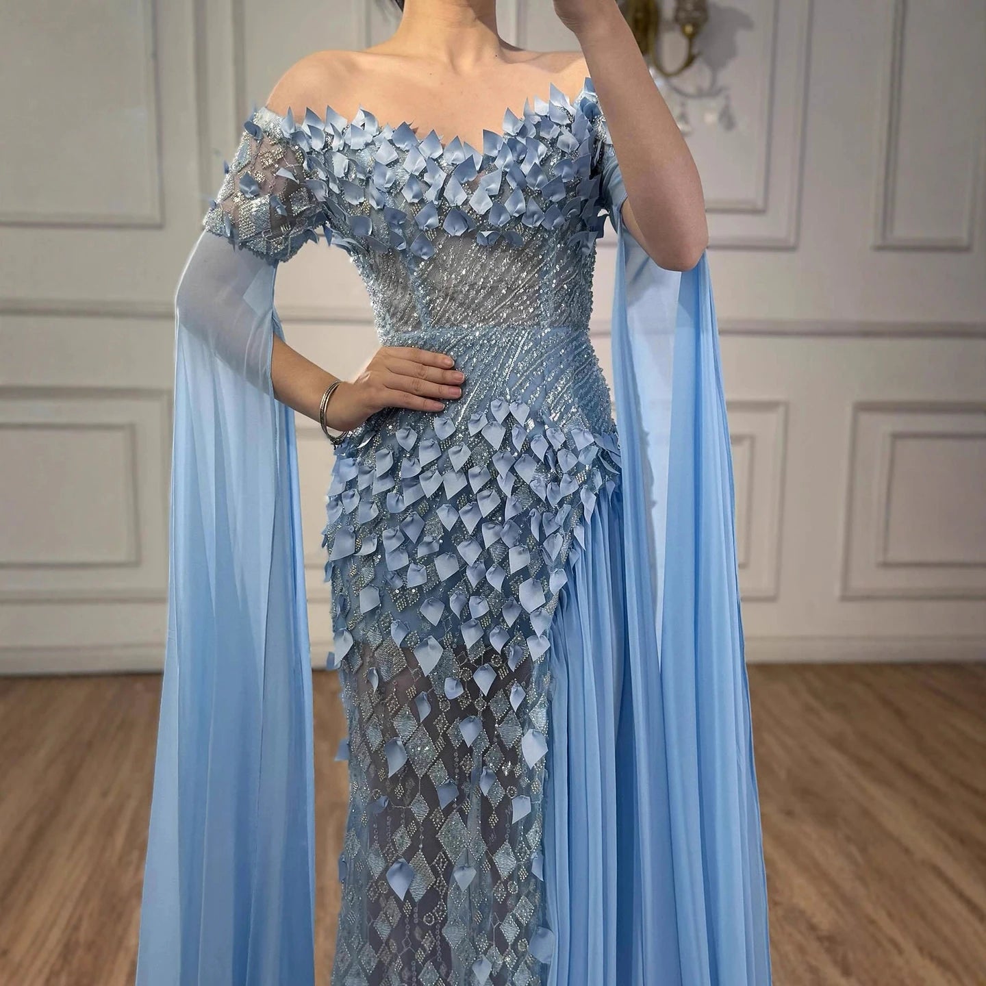 Luxury Dubai Blue 3D Flower Evening Dress With Cape LA73381 - SERENE HILL