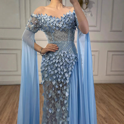 Luxury Dubai Blue 3D Flower Evening Dress With Cape LA73381 - SERENE HILL