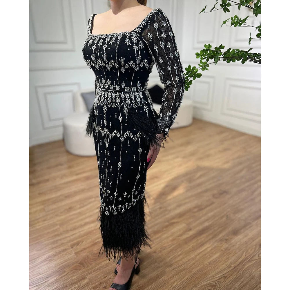 Luxury Black Feathers Midi Evening Dress with Long Sleeve LA71492AM - SERENE HILL