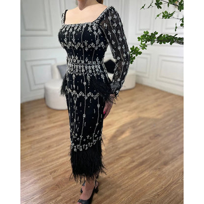 Luxury Black Feathers Midi Evening Dress with Long Sleeve LA71492AM - SERENE HILL