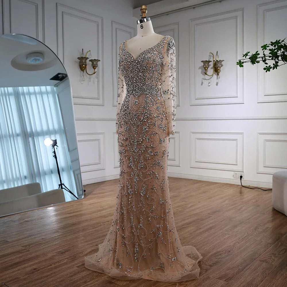 Luxury Nude Beaded Crystal Evening Dress with Long Sleeves LA73042 - SERENE HILL