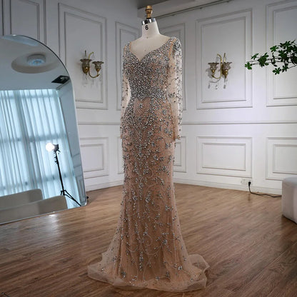 Luxury Nude Beaded Crystal Evening Dress with Long Sleeves LA73042 - SERENE HILL