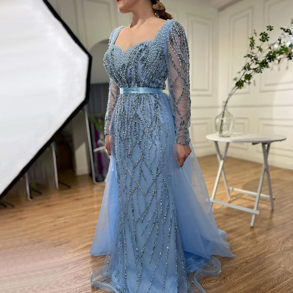 Serene Hill Blue Mermaid Luxury Pearls Beaded Arabic Elegant Evening bluenude / 6 Serene Hill Blue Mermaid Luxury Pearls Beaded Arabic Elegant Evening bluenude / 6