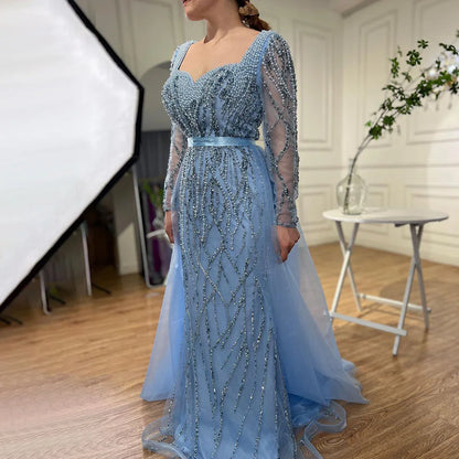 Serene Hill Blue Mermaid Luxury Pearls Beaded Arabic Elegant Evening Dresses Gowns For Woman Wedding Party LA71861 - SERENE HILL