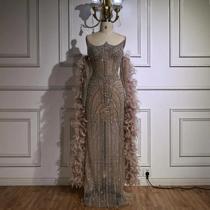 Luxury Caramel Beaded Evening Dress with Feather Sleeves LA73055 - SERENE HILL