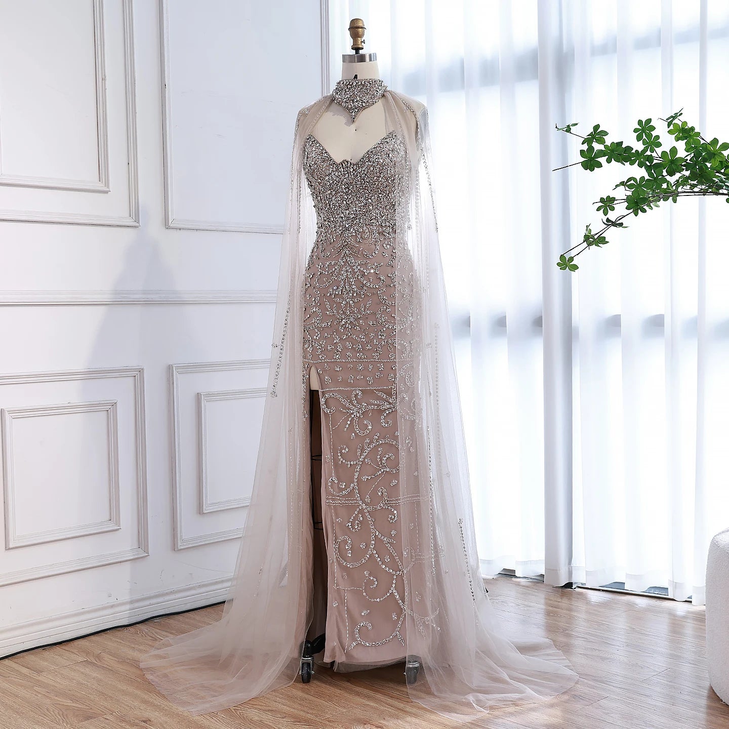 Luxury Sexy Split Evening Dress With Cape Nude LA73339 - SERENE HILL