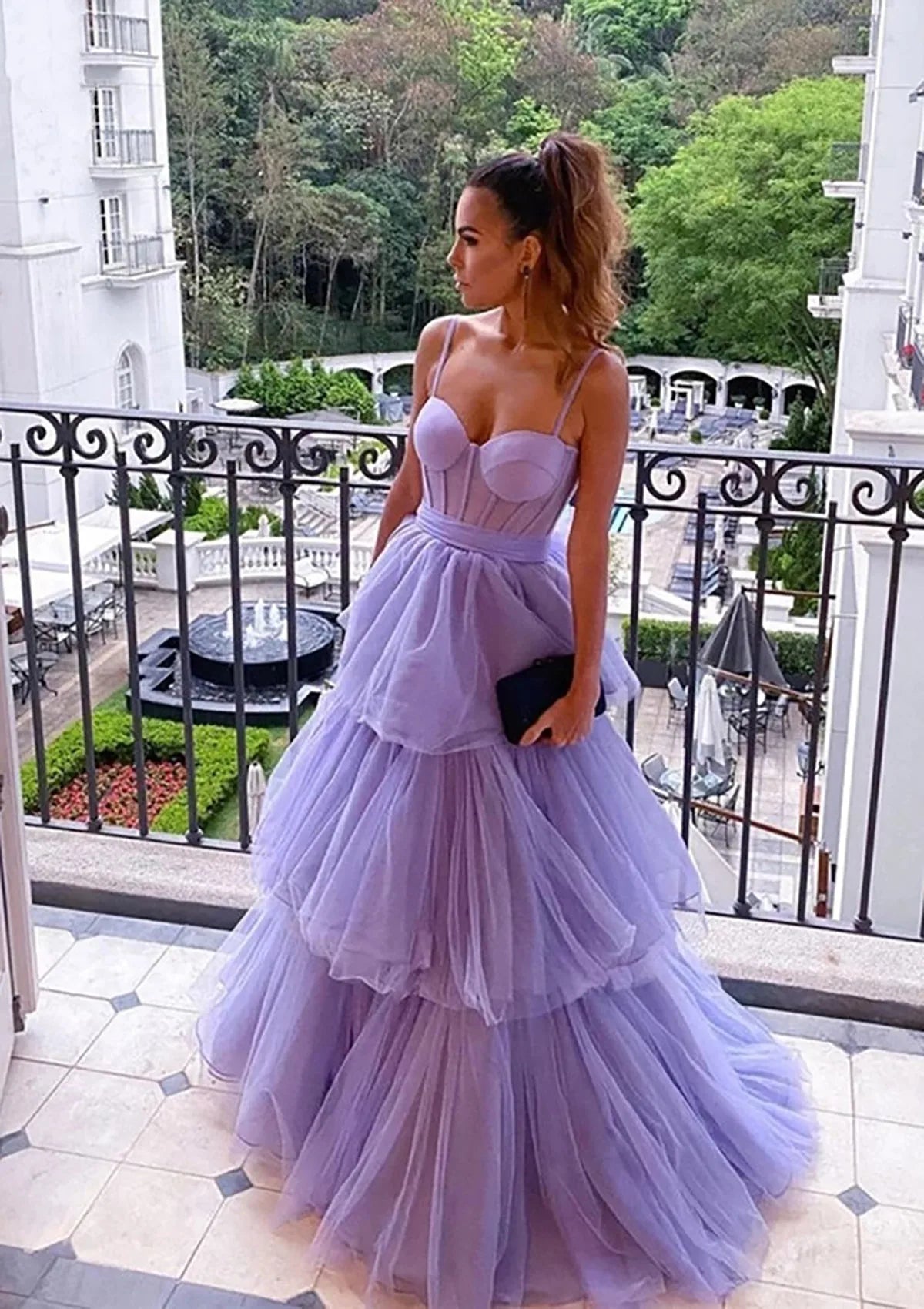 Serene Hill Arabic Lilac A-Line Spaghetti Straps Long Tulle Prom Dress with Ruffles for Women&