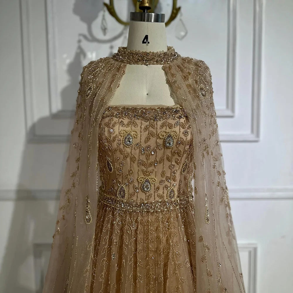Luxury Arabic Nude Square Neck Beaded A-Line Evening Dress With Cape LA72835 - SERENE HILL