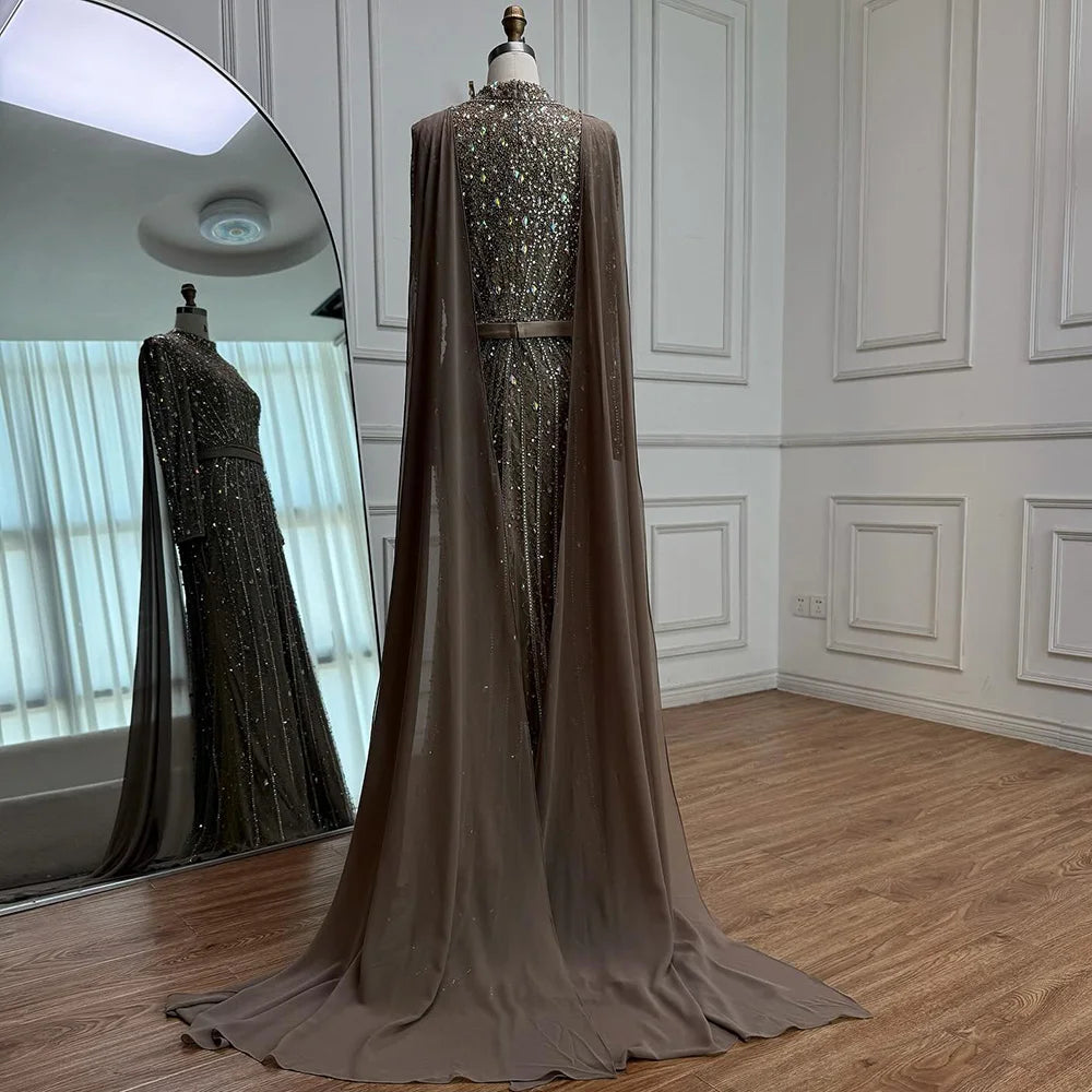 Modest Luxury Caramel Beaded Long Sleeve Evening Dress LA72569A - SERENE HILL