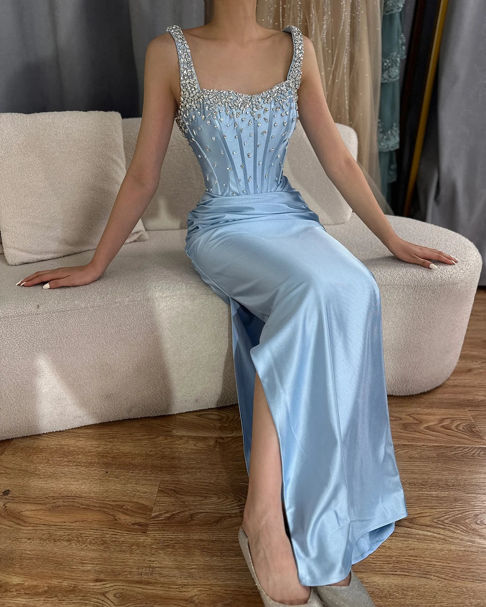 Luxury Dubai Saudi Blue Crystal Beaded Spaghetti Strap Mermaid Evening Dress Gown with Split for Formal Occasion LA72739 - SERENE HILL