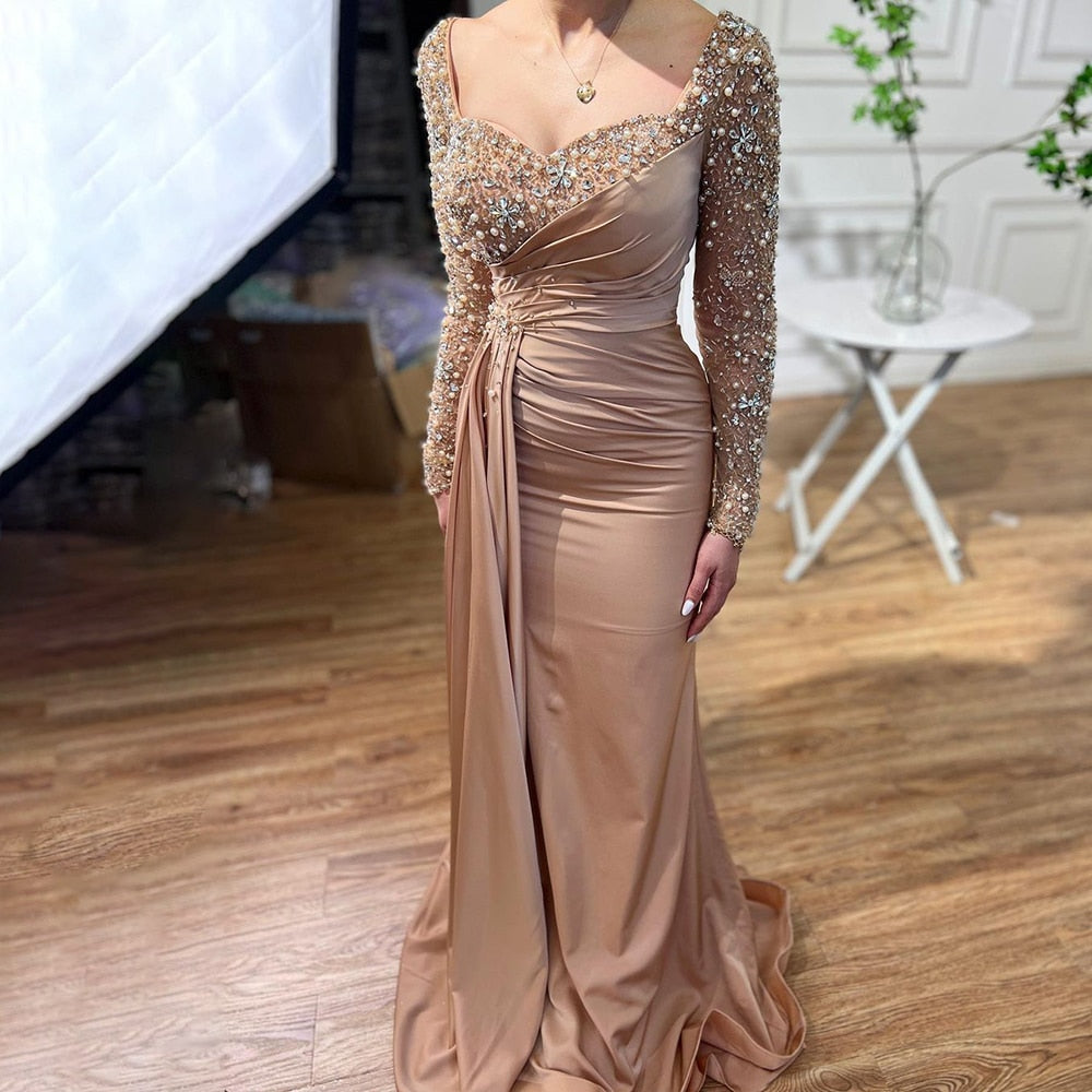 Serene Hill Caramel Muslim Mermaid Elegant Heartsweet Overskirt Luxury Beaded Evening Dresses Gowns 2025 For Women Party LA72025 - SERENE HILL