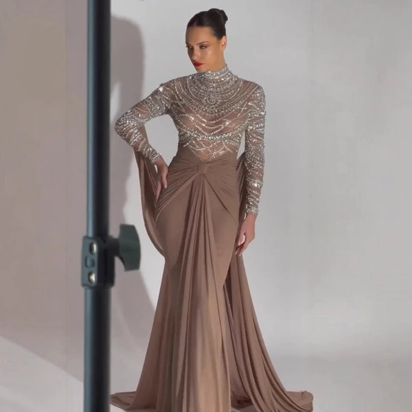 Luxury Designer Modest Brown Stretch Material Mermaid Evening Dress LA72993