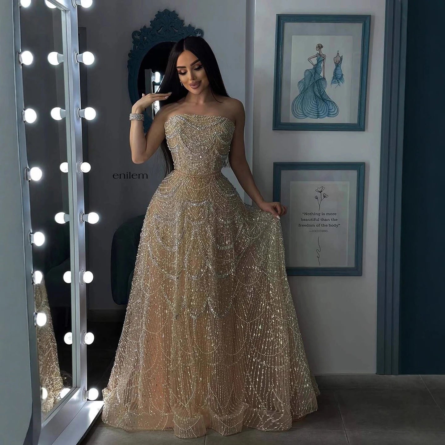 Luxury Nude A-Line Evening Dress with Pearls and Crystals LA72983A - SERENE HILL