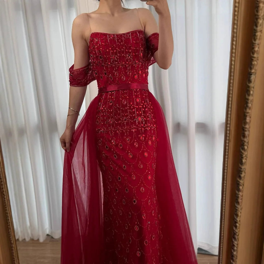 Luxury Caramel Beaded Mermaid Evening Dress with Overskirt LA71922 - SERENE HILL