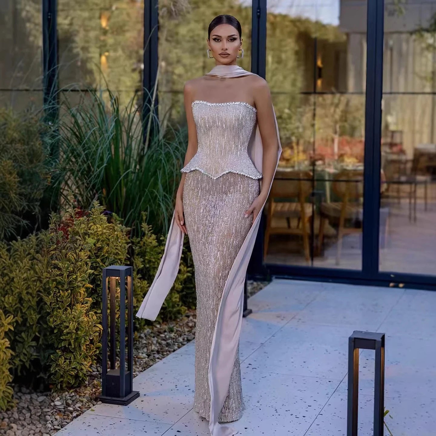 Luxury Nude 2 Pieces Pearl Sequin Evening Dress with Scarf LA73076A - SERENE HILL