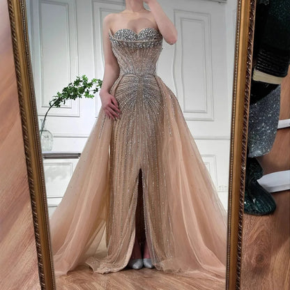 Luxury Dubai Nude Beaded Mermaid Evening Dress with Overskirt LA72811 - SERENE HILL