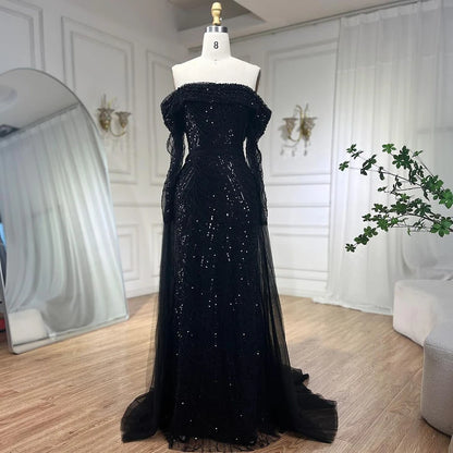 Off Shoulder Light Blue Mermaid Evening Dress with Detachable Overskirt Dubai LA72254 - SERENE HILL
