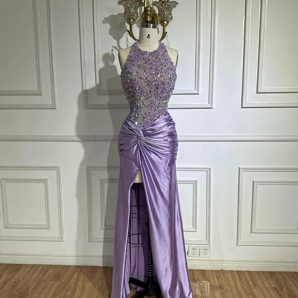 Luxury Dubai Lilac Halter Neck Satin Split Mermaid Evening Dress LA72668 - SERENE HILL