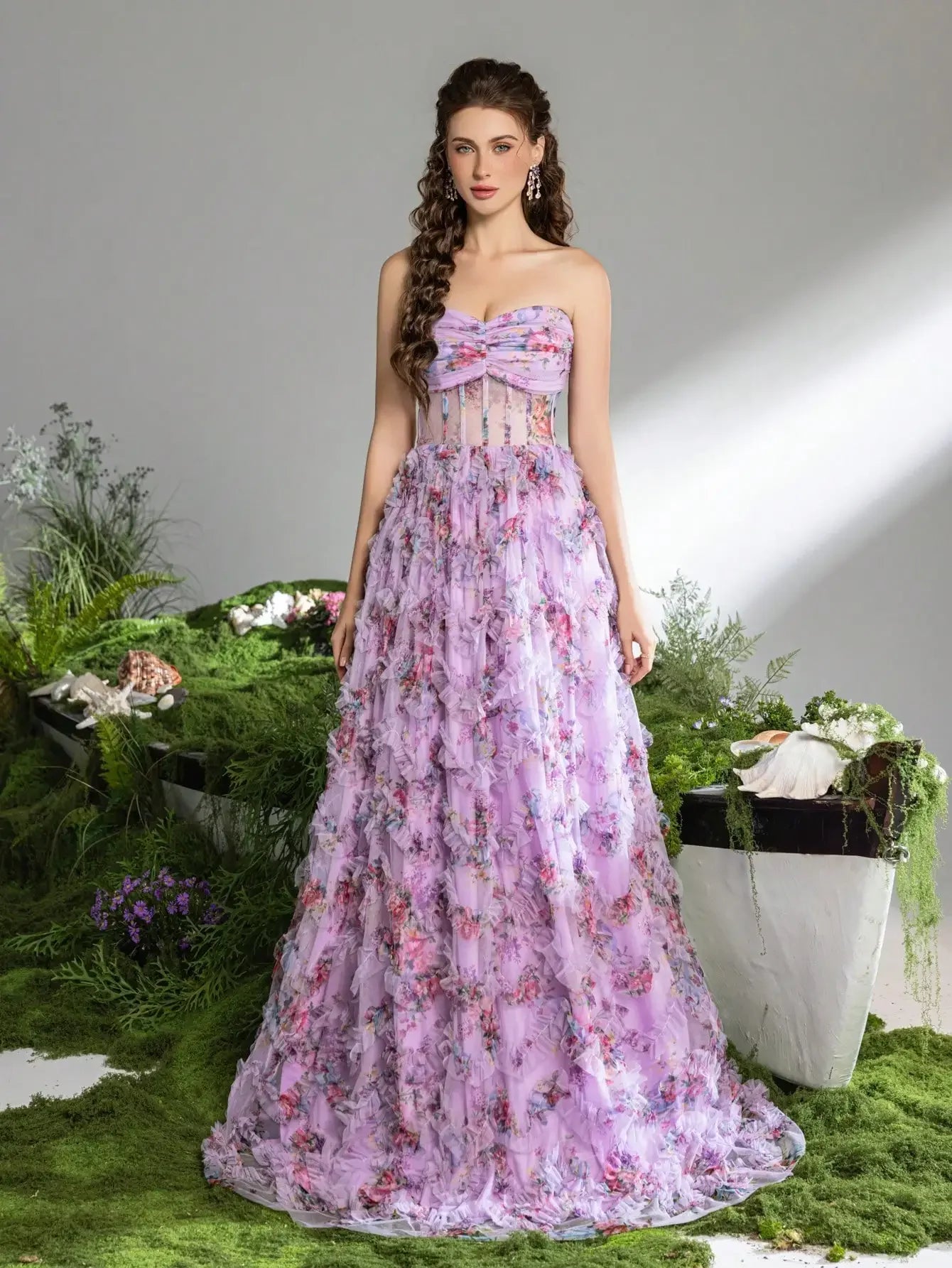 Pink A-Line Tulle Printed Ruffle Tiered Prom Dress LA73275 - SERENE HILL